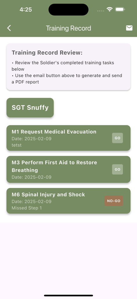 A digital training record screen in the Expert Infantry Badge app showing soldier task evaluations with GO and NO-GO status