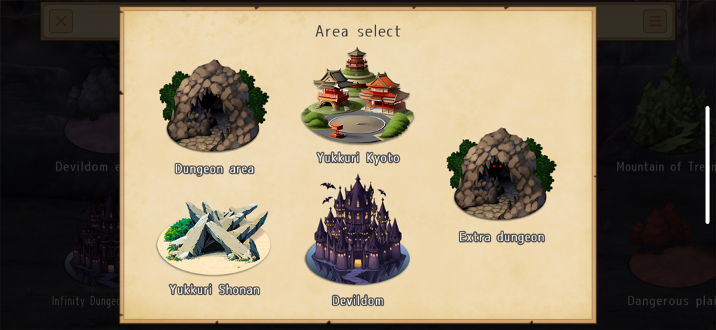 Yukkuri My Friends - Area select menu in Yukkuri My Friends showing locations like Dungeon area Kyoto and Devildom