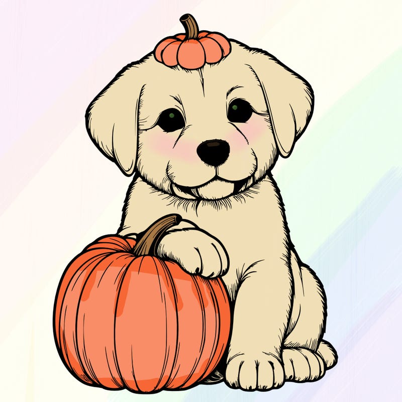 a realistic puppywith a pumpkin on his head