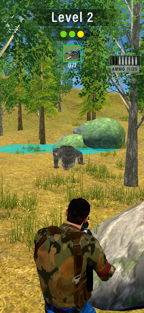A character in camouflage aiming a rifle at a crocodile in a forest in Animal Shooter Wild Hunt