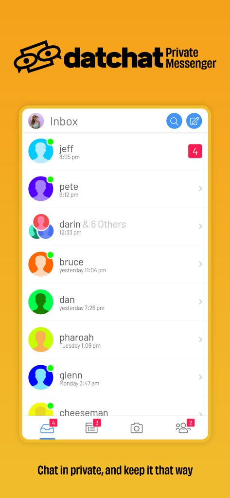 다양한 메시지 스레드와 채팅 알림을 보여주는 DatChat 앱의 받은 편지함 인터페이스