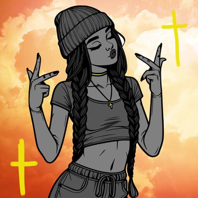 realistic teenage girl with braids and a beanie and crop top doing 🫶🏼