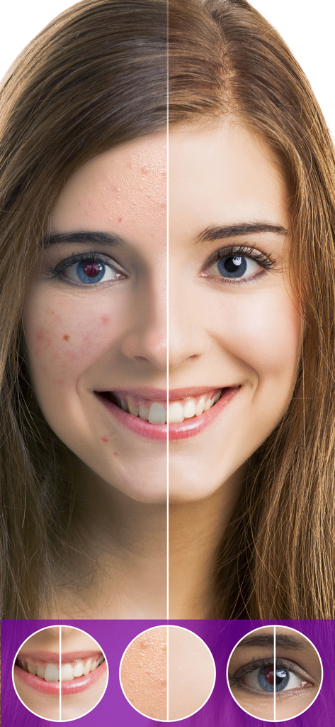 A side by side comparison showing automatic skin smoothing teeth whitening and red eye removal on a portrait