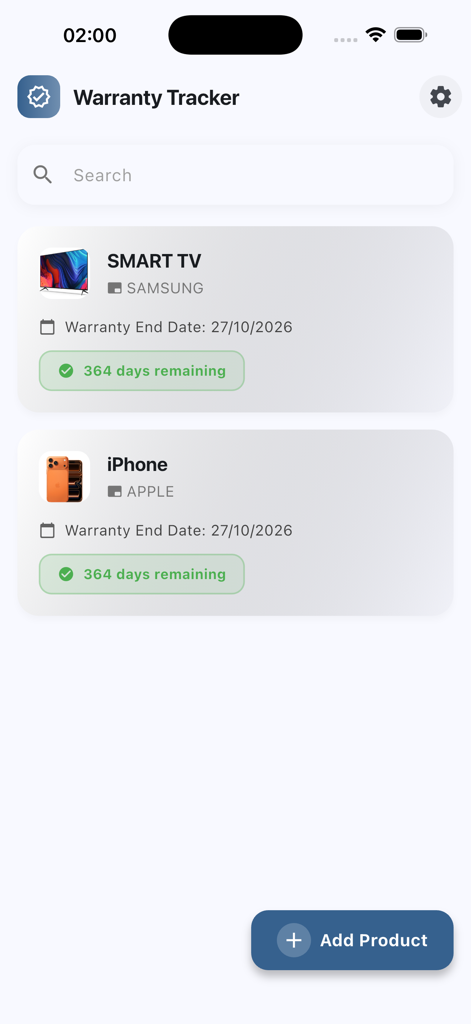 Dashboard of the Warranty Tracker app showing remaining warranty days for a Samsung Smart TV and an Apple iPhone.