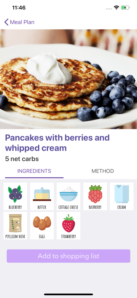 Ketogenic Keto diet food list - Aplicativo de dieta Keto mostrando os ingredientes da receita de panqueca e o botão de lista de compras