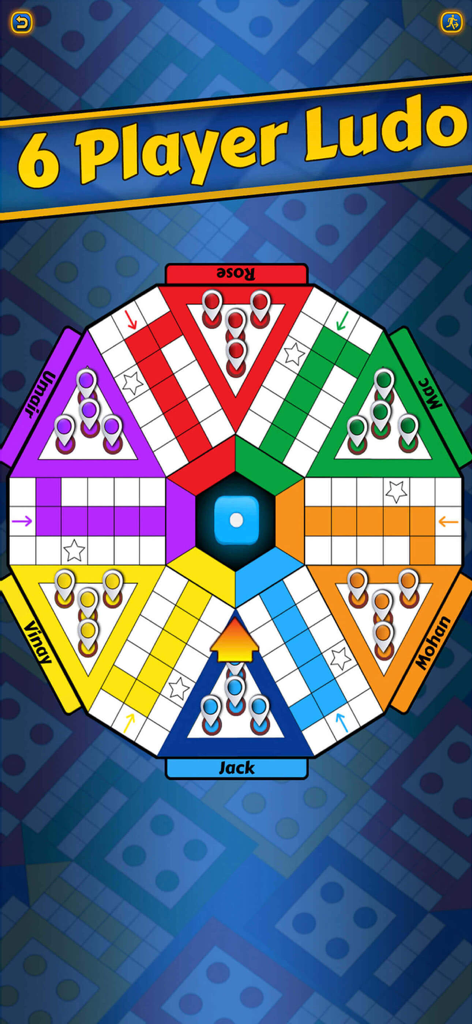 Hexagonal Ludo King board layout for a six player multiplayer game