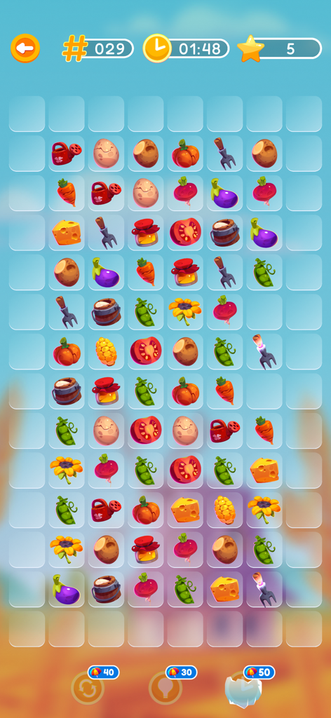 Onet Puzzle - Paradise Match - A colorful game board from Onet Puzzle showing a grid of vegetable and gardening tiles to match