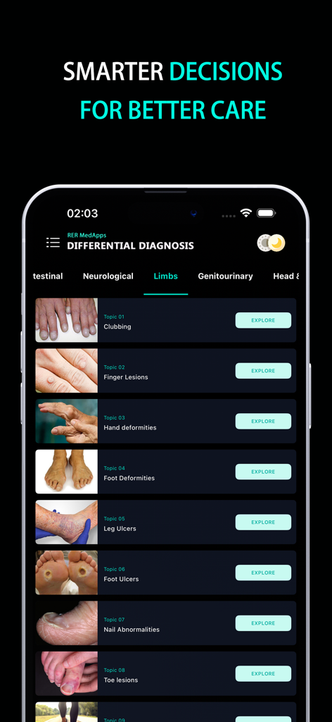 Differential Diagnosis | DDx - Una pantalla de smartphone que muestra la aplicación Diagnóstico Diferencial con una lista de temas médicos bajo la categoría Extremidades con fotos clínicas.