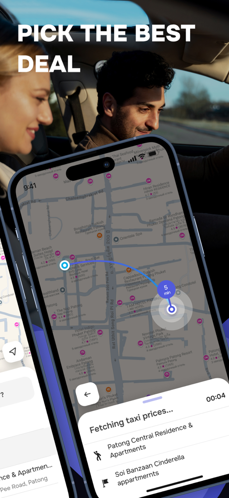 HeyTaxi: Taxi Aggregator - Smartphone showing the HeyTaxi app interface comparing taxi fares on a map.