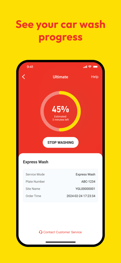 JETX Car Wash - JETX app interface showing real-time car wash progress at 45 percent with a stop washing button