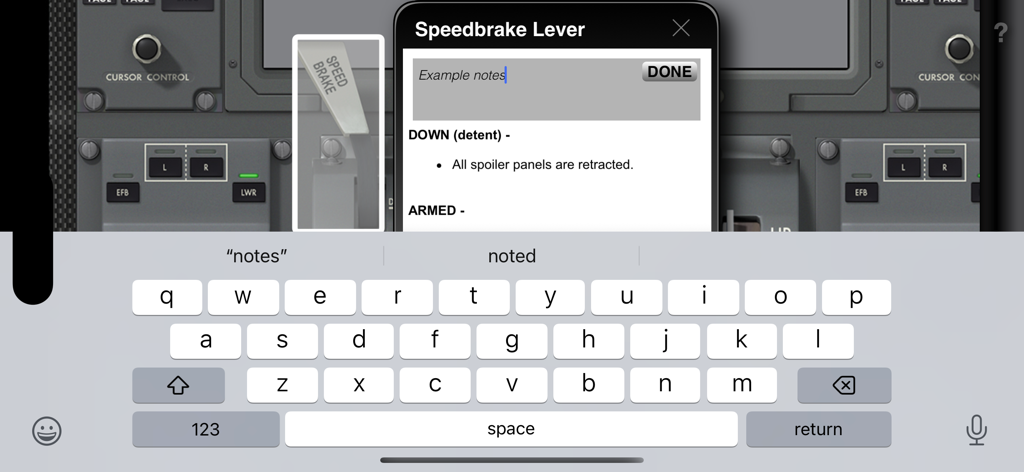 Acron B787 Cockpit Fam. - Boeing 787 cockpit speedbrake lever information and note taking screen
