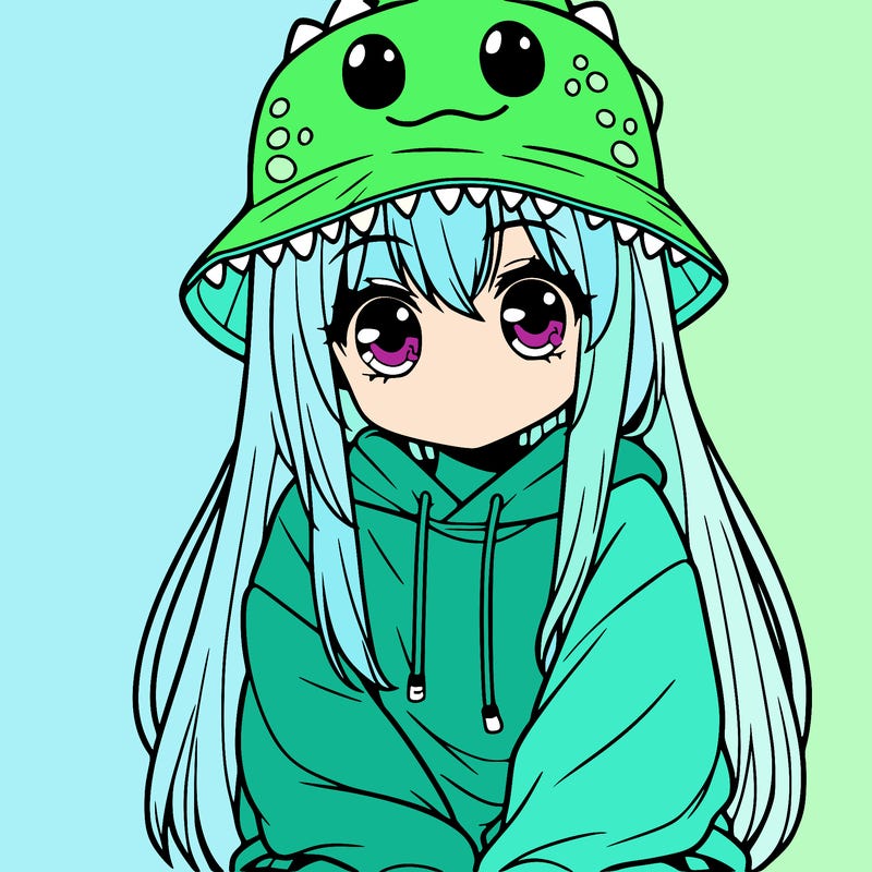 girl with anime shaped eyes with a dinosaur bucket hat oversized sweatshirt long straight hair