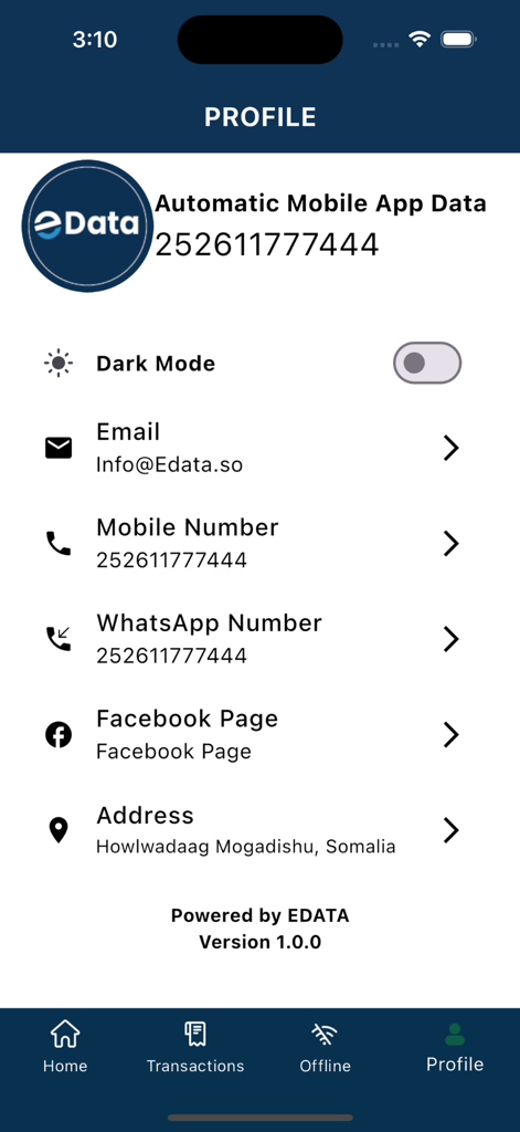 Edata - Edata app profile screen displaying user contact information and settings interface.