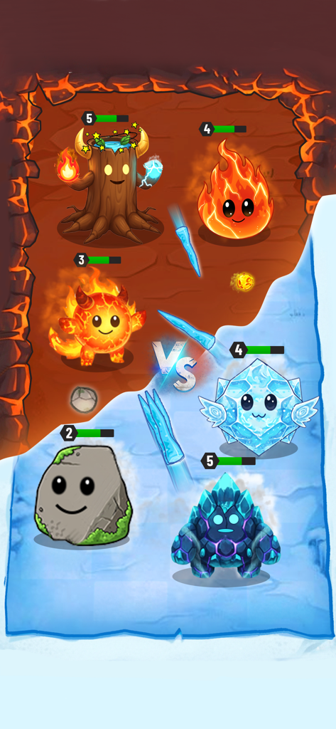 Element War : Merge Games - Fire and ice elemental heroes facing each other in a battle scene with levels and projectiles