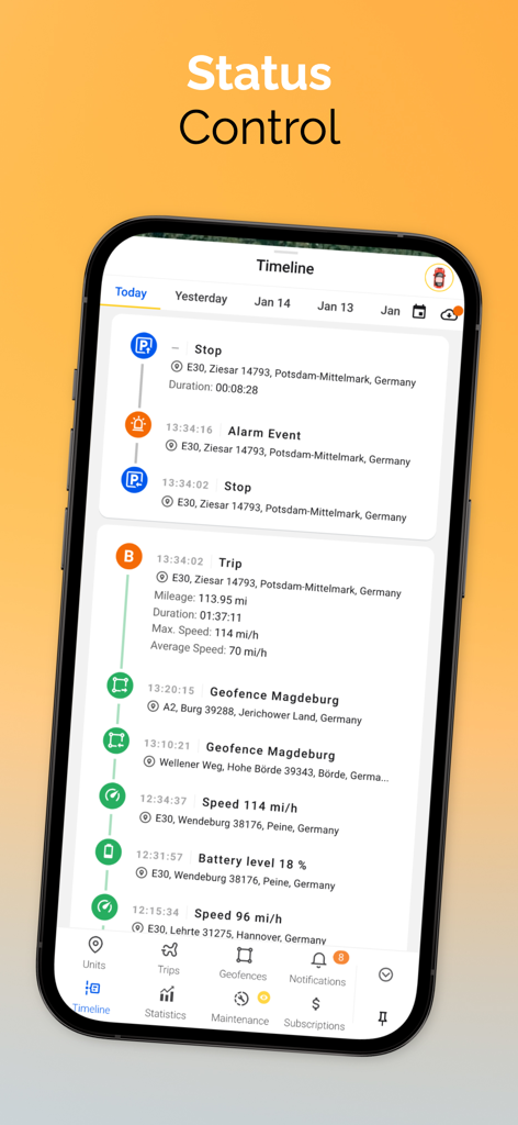 Ruhavik app timeline screen showing detailed vehicle activity logs and status updates