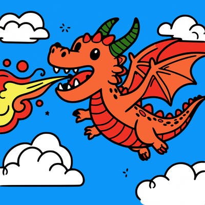 a dragon floating in the air with fire coming out of its mouth.