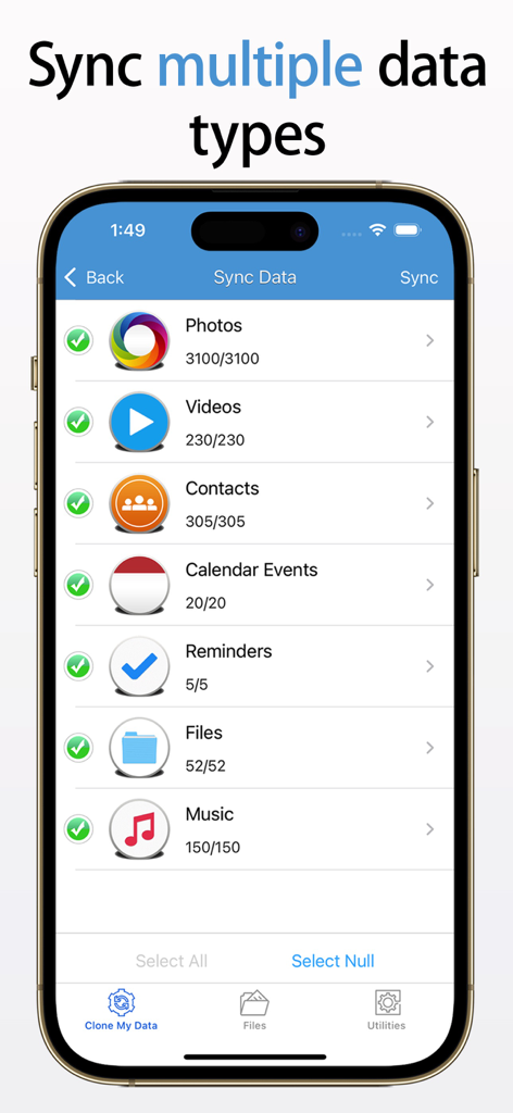 Clone My Data-Sync&Backup Data - Clone My Data app interface showing a list of syncable data types like photos and contacts