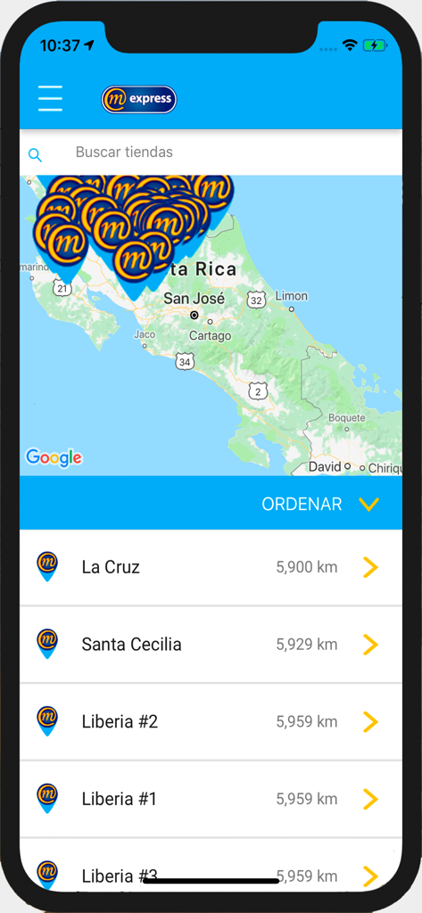 MExpress - MExpress app store locator showing a map of Costa Rica with store pins and a list of locations.