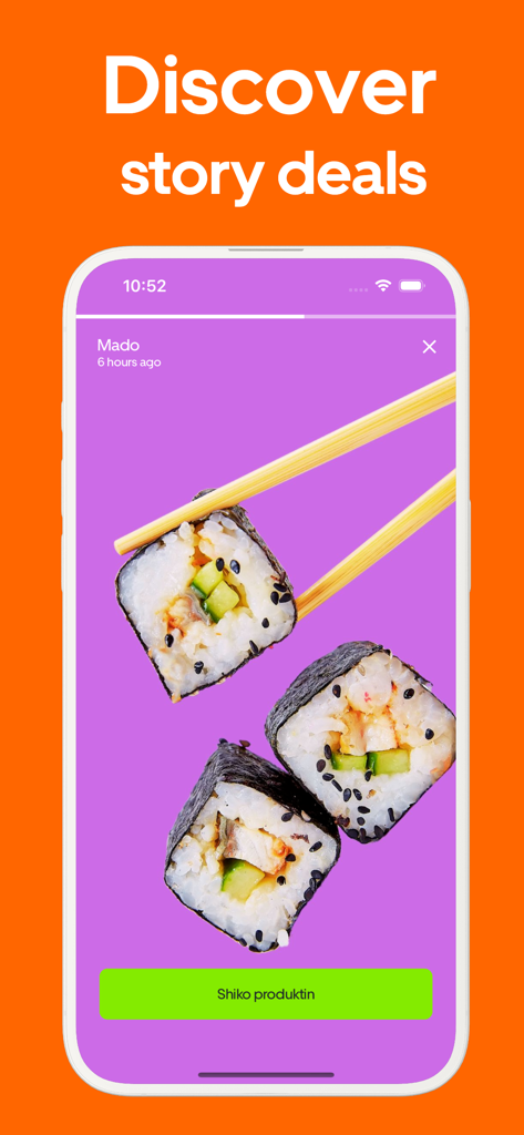 ToGo: Food Delivery - ToGo Food Delivery app screen showing restaurant story deals with sushi