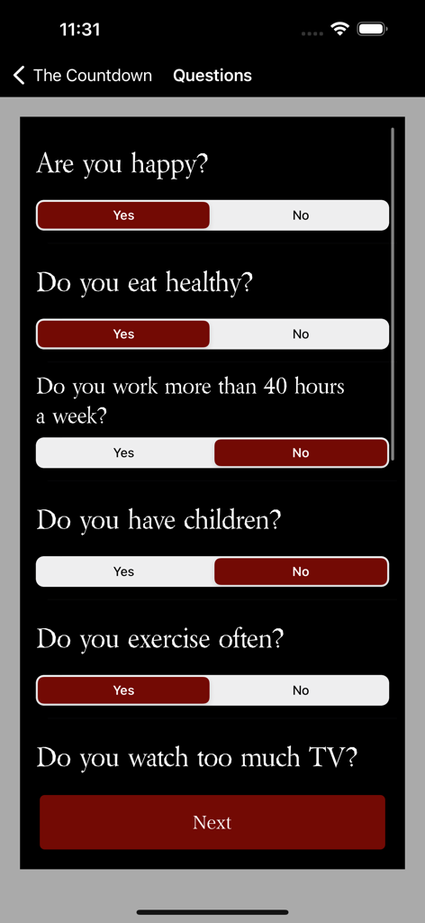 The Countdown - Your Fate - The Countdown app questionnaire screen with yes or no lifestyle questions.