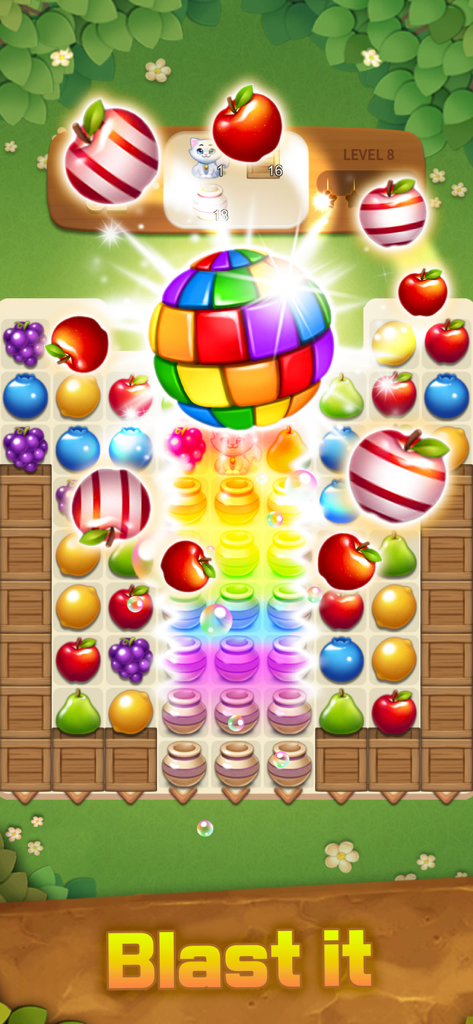 Fruits Magic : Match 3 Puzzle - Un vibrante nivel de puzzle de combinar 3 en Fruits Magic con un gran potenciador de arcoíris y frutas jugosas.