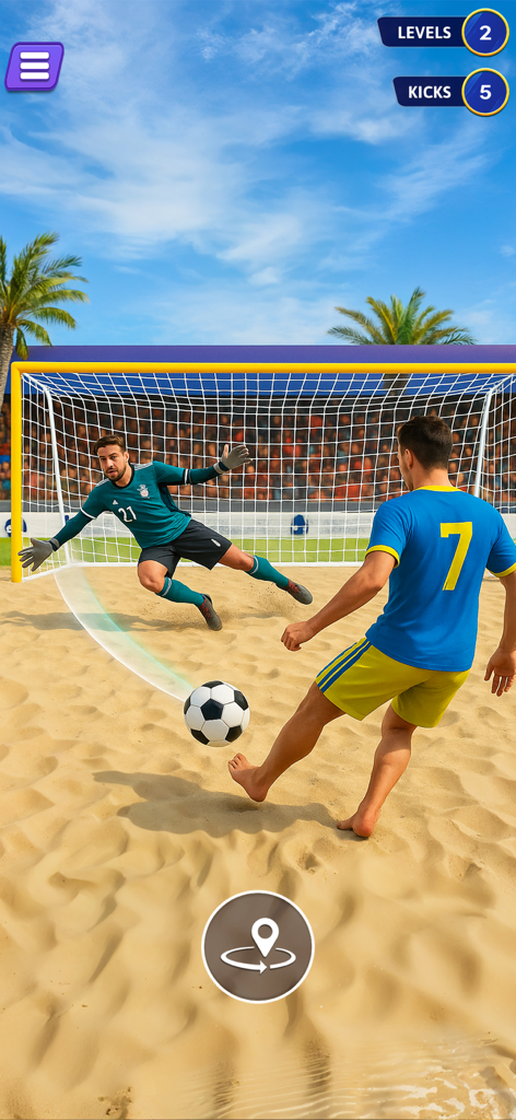 World Soccer Rematch League - 월드 사커 리매치 리그에서 열대 해변에서 다이빙하는 골키퍼를 향해 공을 차는 축구 선수