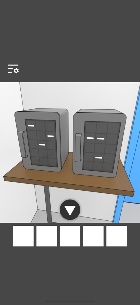 Elevator Room Escape - Two grey safes with grid patterns sitting on a brown table in a minimalist room