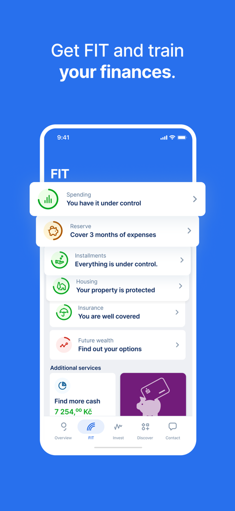 Interfaccia dell'app George Česko che mostra la dashboard Financial FIT con tracker delle spese e della gestione patrimoniale