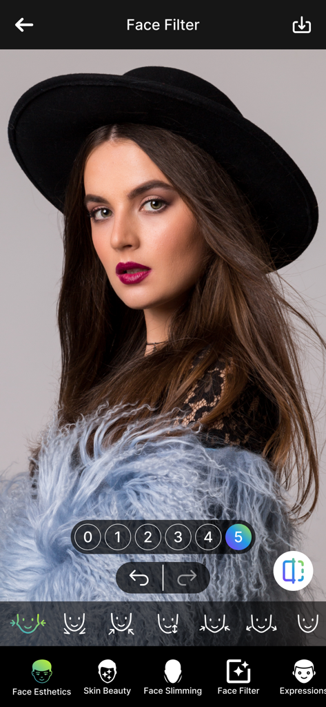 AI Bald Camera Photo Editor - Un portrait de femme dans l'interface de l'application Caméra Chauve IA montrant les outils de filtre facial et de remodelage tels que l'amincissement du visage et la beauté de la peau.