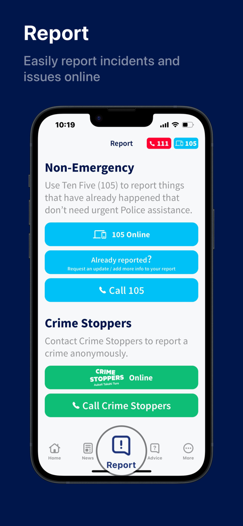 Interface of the NZ Police app showing non-emergency reporting options and anonymous tips through Crime Stoppers.
