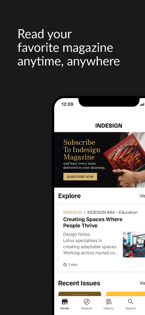 INDESIGN - INDESIGN mobile app interface featuring commercial architecture articles and subscription options