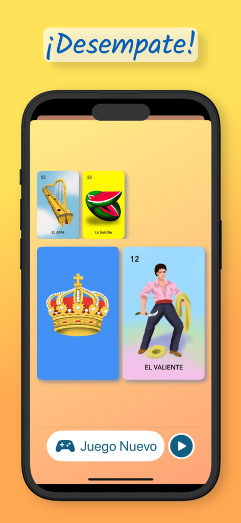 La pantalla de desempate de la app La Baraja de la Loteria mostrando cartas de bingo tradicionales mexicanas, incluyendo El Valiente y La Sandia.