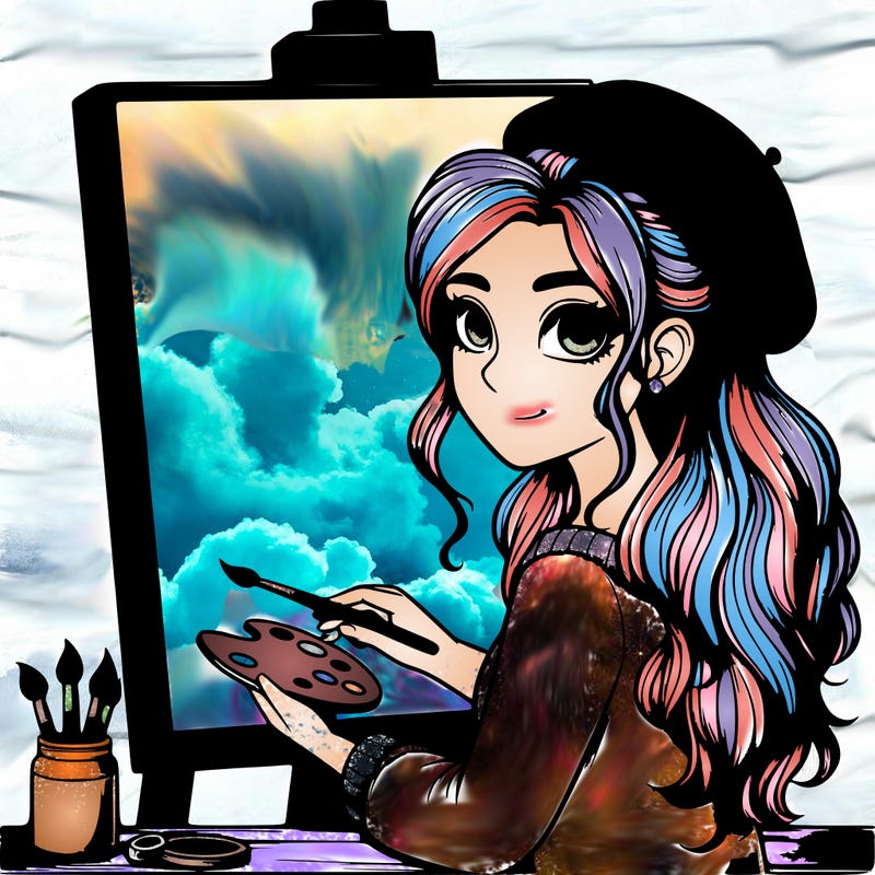 realistic girl artist painting a blank canvas