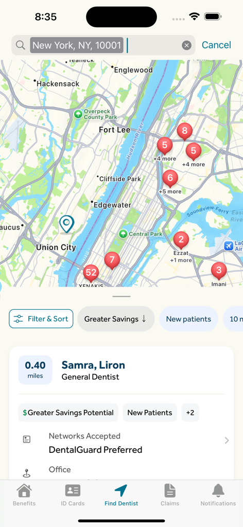 Map view of the Guardian app showing dental provider locations and search results in New York