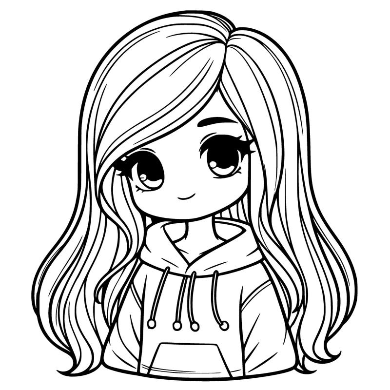 realistic girl with long hair wearing a hoodie