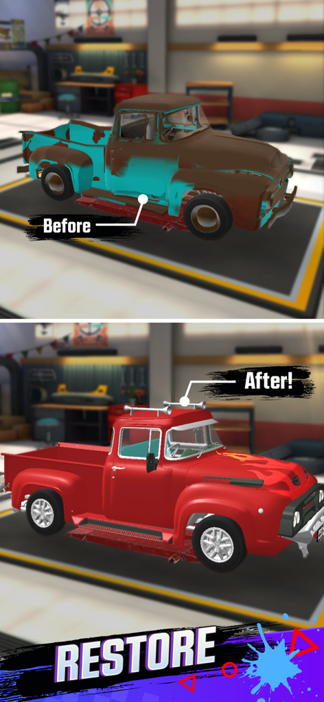 Royal Car Customs - Before and after comparison of a rusty vintage truck restored into a shiny red custom pickup.