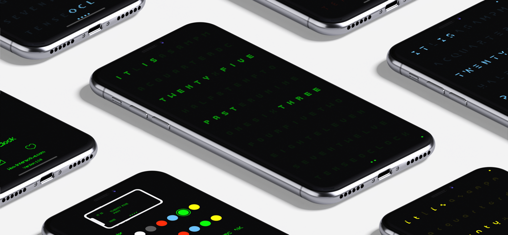 Pixel Clock - Retro Style - Multiple iPhones showcasing the Pixel Clock app with retro pixelated text time displays in various colors