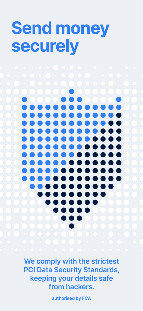 TransferGo: Money Transfer - Pantalla de la aplicación TransferGo que destaca las transferencias de dinero seguras y el cumplimiento de la seguridad de datos PCI