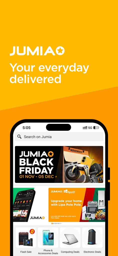 Jumia Online Shopping app home screen displaying Black Friday banners and categories for phones and electronics.