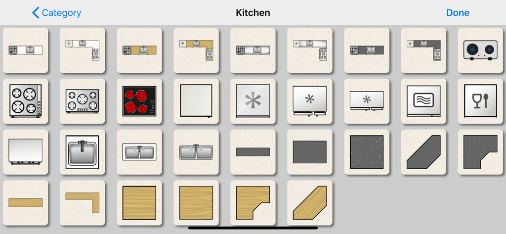 Griglia di icone 2D di mobili da cucina ed elettrodomestici per la progettazione di planimetrie.