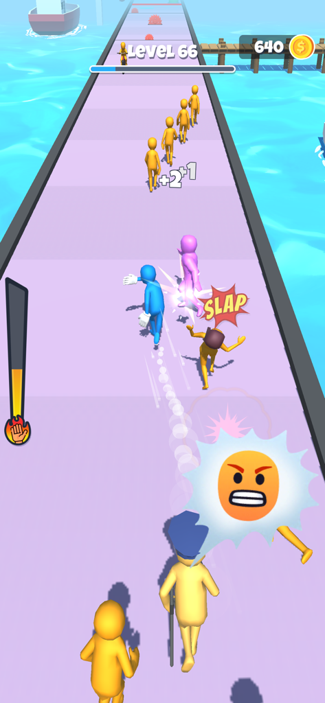 Slap And Run - Gameplay of Slap And Run showing a blue character slapping yellow pedestrians on a long track