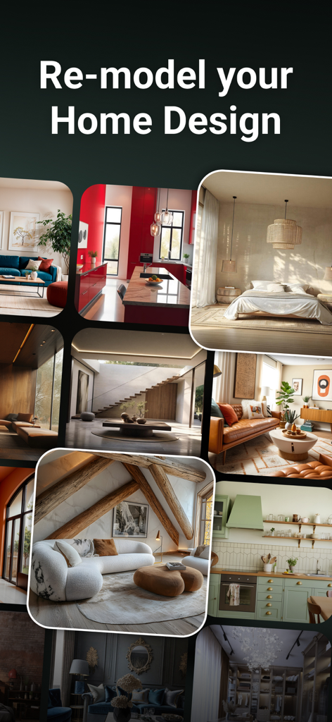 A collage of various interior design styles including modern living rooms and kitchens generated by AI