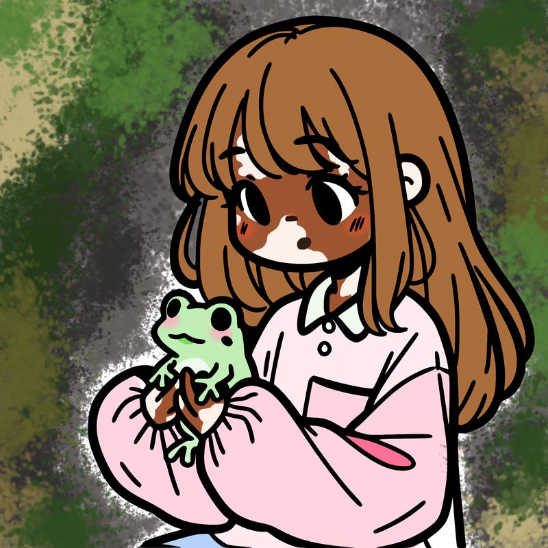 girl with long hair and a oversized shirt. and she is holding a frog