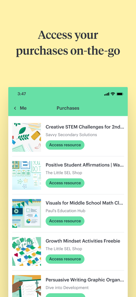 TPT (Teachers Pay Teachers) - Teachers Pay Teachers app displaying a list of purchased teaching resources including STEM challenges and student affirmations