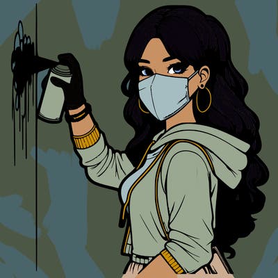 realistic girl with mask spray painting a wall