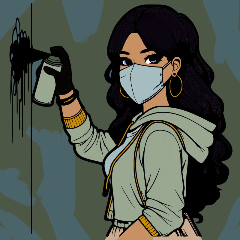 realistic girl with mask spray painting a wall