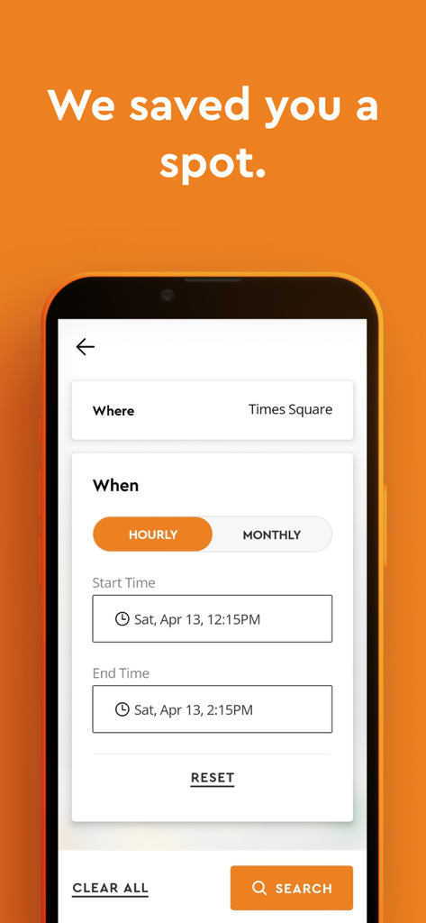 Tela de busca do aplicativo Icon GO para reservar vagas de estacionamento em Nova York, incluindo seleção de local e horário.