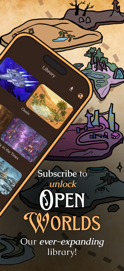 Pocket Bard - Smartphone screen showing the Pocket Bard app library with fantasy world soundscapes for tabletop RPG games