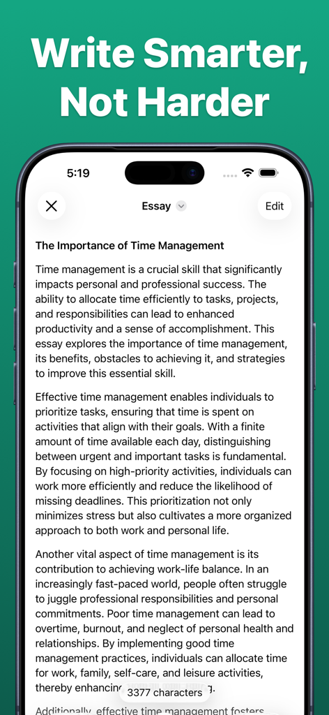 AI Essay Writer PaperMate mobile app screen displaying an essay draft about time management on an iPhone