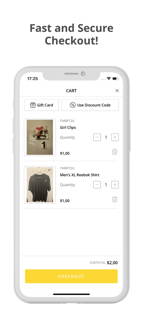 A screenshot of the Thrift2U app shopping cart showing multiple items priced at one dollar each and a checkout button
